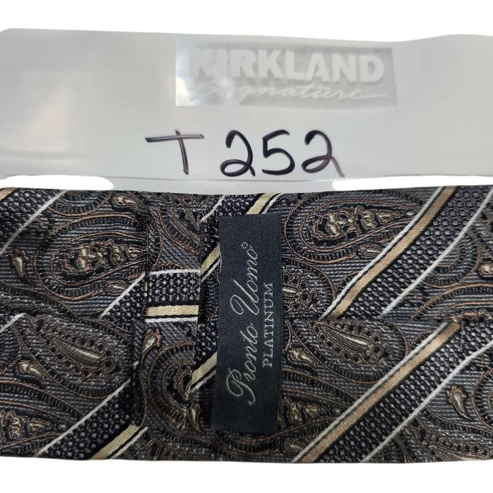 Pronto Uomo Platinum Paisley Silk Tie Mens Woven Striped Pattern Gray‎ Gold
